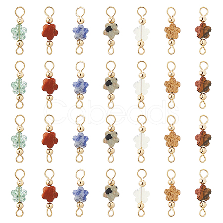 42Pcs 7 Styles Opalite & Natural Picture Jaspe & Blue Spot Jasper & Dalmatian Jasper & Unakite & Green Strawberry Quartz & Red Jasper Flower Connector Charms PALLOY-FH00163-1