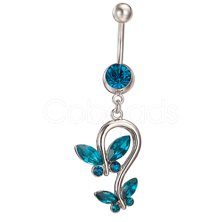 Piercing Jewelry Real Platinum Plated Brass Rhinestone Double Butterfly Navel Ring Belly Rings AJEW-EE0001-41B-1