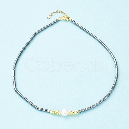 Synthetic Hematite & Natural Pearl Beaded Necklace NJEW-M201-02B-1