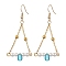 Triangle Iron Chain and Glass Dangle Earrings, Golden, Medium Turquoise, 65x29mm