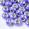 Opaque Resin European Beads, Large Hole Beads, Imitation Porcelain, with Platinum Tone Brass Double Cores, AB Color, Rondelle, Lilac, 14x9mm, Hole: 5mm