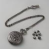 Vintage Alloy Flat Round Hollow Pocket Watch with Brass Curb Chain AJEW-WH0752-005B-1