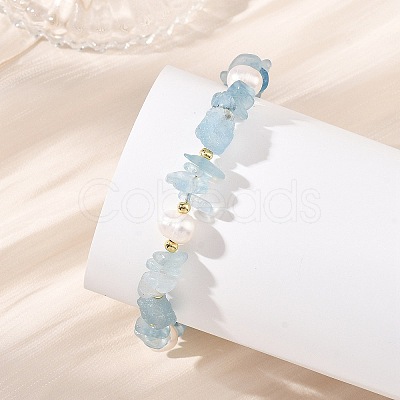 Raw Rough Natural Aquamarine Chip & Cultured Freshwater Pearl Beaded Bracelets for Women BJEW-JB13971-1