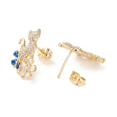 Cat and Flower Cubic Zirconia Stud Earrings EJEW-I263-02G-1
