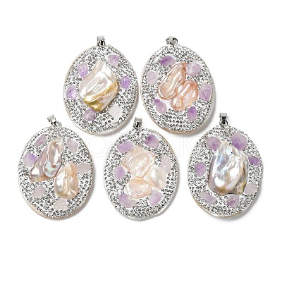 Baroque Natural Freshwater Shell Polymer Clay Rhinestone Big Pendants BSHE-P033-14B-1