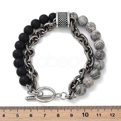 Natural Round Picasso Stone & Frosted Black Bead Bracelets BJEW-M081-01A-1