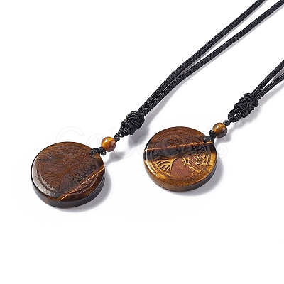 Natural Gemstone Flat Round with Tree of Life Pendant Necklace with Nylon Cord for Women NJEW-P274-03-1