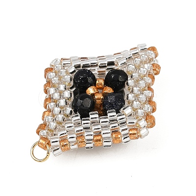Faceted Round Synthetic Blue Goldstone & Handmade Glass Seed Beaded Pendants PALLOY-MZ00757-01-1