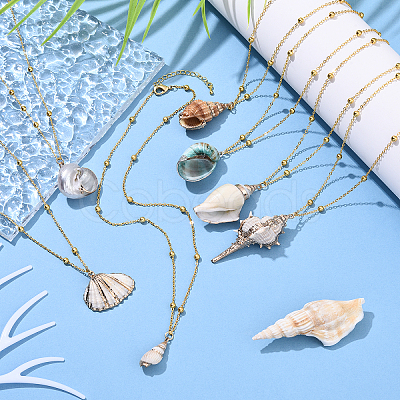 7Pcs 7 Styles Electroplated Natural Shell Pendant Brass Satellite Chain Necklaces NJEW-YW00003-1