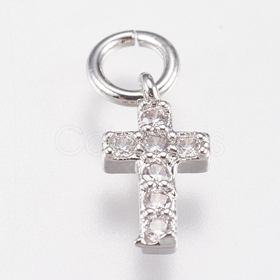 Brass Micro Pave Cubic Zirconia Tiny Cross Charms ZIRC-E147-62P-1