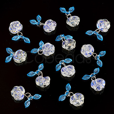 30Pcs Transparent Glass Flower Pendants with Deep Sky Blue Acrylic Leaf PALLOY-TAC0241-1