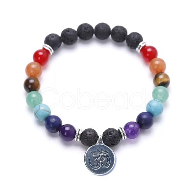 Alloy OM Symbol Charm Chakra Round Gemstone Beaded Stretch Bracelets ID6522-3-1