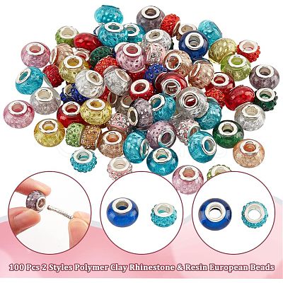 Nbeads 100Pcs 2 Style Polymer Clay Rhinestone & Resin European Large Hole Beads with Silver Color Plated Brass Cores FPDL-NB0001-04-1