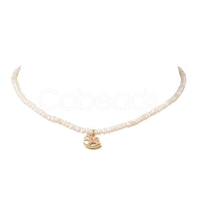 Brass Enamel Pink Rocking Horse Pendant Natural Cultured Freshwater Pearl Beaded Necklaces for Women NJEW-JN06163-1