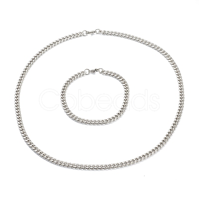 304 Stainless Steel Cuban Link Chain Bracelets & Necklaces Jewelry Sets SJEW-B019-03A-P-1