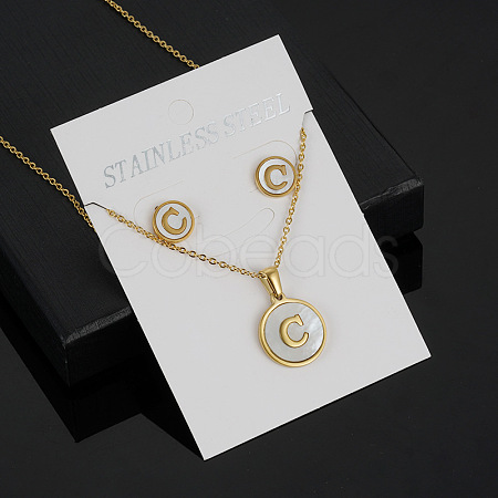 304 Stainless Steel with Natural Shell Pendant Necklaces & Stud Earrings Sets FS-WG5FD70-03-1