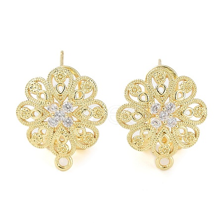 Flower Brass Micro Pave Cubic Zirconia Stud Earrings Finding KK-E083-17G-1