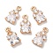 K9 Glass Charms, with Light Gold Tone Brass Findings and Rhinestone, Heart Charms, Crystal, 13x7x4mm, Hole: 1.2mm