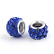 Polymer Clay Rhinestone European Beads, Large Hole Beads, Rondelle, with Silver Color Plated Brass Cores, Sapphire, 10~12x7~8mm, Hole: 5mm, Rhinestone: pp17((2.3~2.4mm)