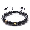 10MM Natural Black Onyx(Dyed & Heated) and Tiger Eye Alphabet Round Braided Bead Adjustable Bracelets for Women DM6424-1-1