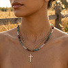 Stainless Steel Religion Cross Pendant Colorful Natural Mixed Gemstone Rondelle Beaded Double Layer Necklaces for Women KG2971-1