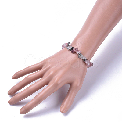 Natural Tourmalinated Quartz/Black Rutilated Quartz & Strawberry Quartz Chip Stretch Bracelets BJEW-JB04490-03-1
