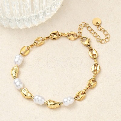 Nuggets 304 Stainless Steel & ABS Plastic Imitation Pearl Chain Bracelets BJEW-A169-07G-1