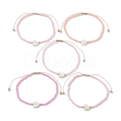 5Pcs 5 Colors Natural Shell Heart & Seed Braided Bead Bracelets Set BJEW-JB10039-02-1