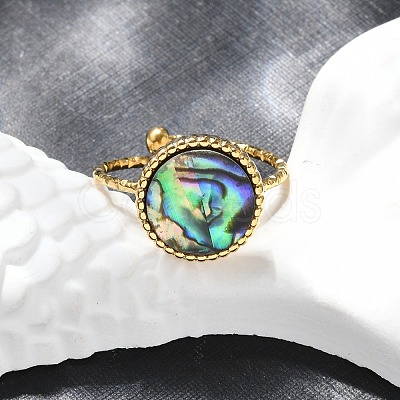 Flat Round 304 Stainless Steel Paua Shell Cuff Rings for Women X-RJEW-G346-10G-01-1