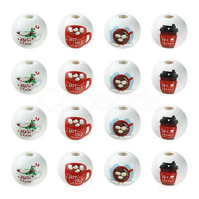 80Pcs 4 Styles Coffee Printed Wooden European Beads WOOD-CJ0001-82-1