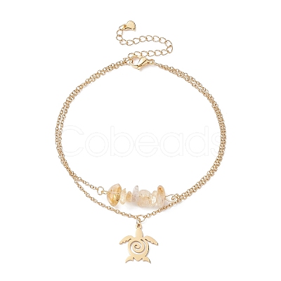 Natural Citrine Chips Beaded & Turtle Charms Double Layer Multi-strand Bracelet AJEW-AN00511-05-1