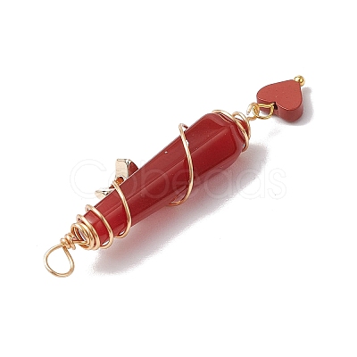 6Pcs 6 Styles Natural Carnelian & Green Aventurine & Rose Quartz & Quartz Crystal & Lapis Lazuli & Amethyst Copper Wire Wrapped Faceted Bullet Heart Pendants PALLOY-JF03482-03-1