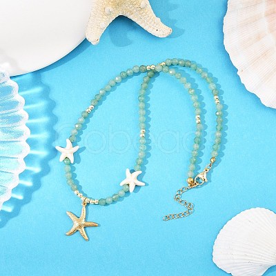 Synthetic Turquoise & Natural Green Aventurine Faceted Round Beaded Starfish 304 Stainless Steel Pendant Necklaces for Women NJEW-JN05458-03-1