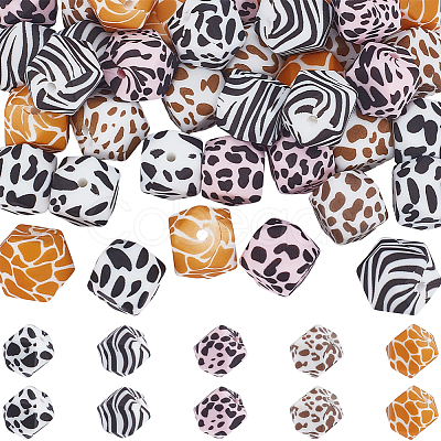 50Pcs 5 Styles Colorful Pattern Printed Silicone Focal Beads SIL-SP0001-24-1