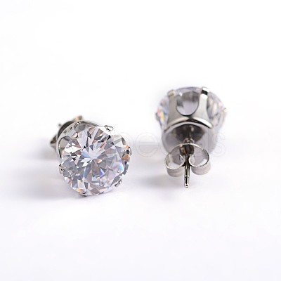 Flat Round 304 Stainless Steel Cubic Zirconia Stud Earrings EJEW-H306-38-7mm-A-1