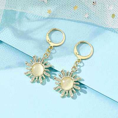 Golden Alloy Sun Shape Dangle Leverback Earrings with Cat Eye EJEW-JE05587-02-1