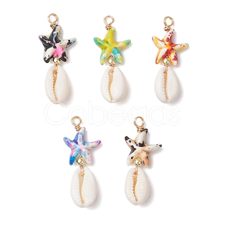 Dyed Synthetic Turquoise Starfish & Natural Cowrie Shell Pendants PALLOY-JF03932-1