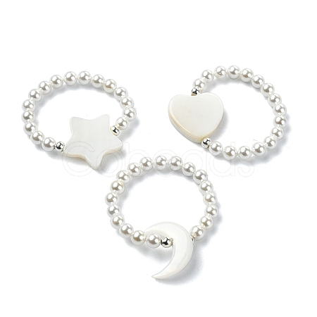 3Pcs 3 Style Natural Pearl & Shell Beaded Stretch Rings Set RJEW-TA00100-1
