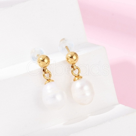 304 Stainless Steel Natural Freshwater Pearl Dangle Stud Earrings X-EJEW-G423-20G-1