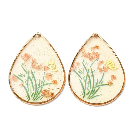 Brass & Transparent Epoxy Resin & Dried Flower Pendants RESI-G133-02G-03-1