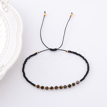 2mm Faceted Natural Dyed & Heated Black Agate Beaded Braided Adjustable Bracelets for Women PF2854-7-1