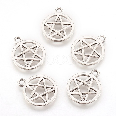Tibetan Style Alloy Flat Round with Star Charms X-TIBEP-5248-AS-FF-1