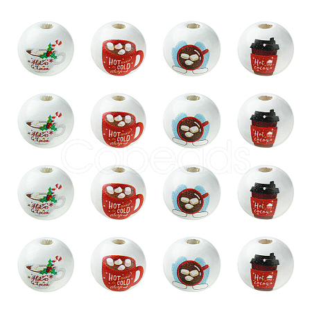 80Pcs 4 Styles Coffee Printed Wooden European Beads WOOD-CJ0001-82-1