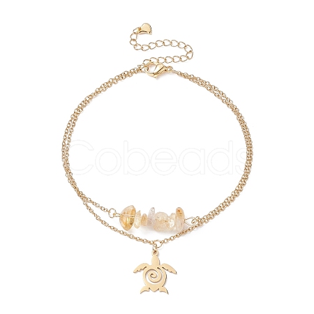 Natural Citrine Chips Beaded & Turtle Charms Double Layer Multi-strand Bracelet AJEW-AN00511-05-1