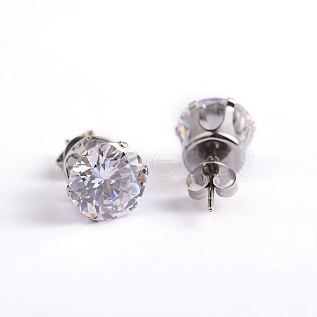 Flat Round 304 Stainless Steel Cubic Zirconia Stud Earrings EJEW-H306-38-7mm-A-1