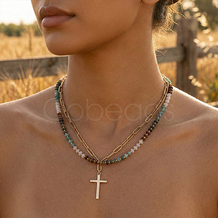 Stainless Steel Religion Cross Pendant Colorful Natural Mixed Gemstone Rondelle Beaded Double Layer Necklaces for Women KG2971-1