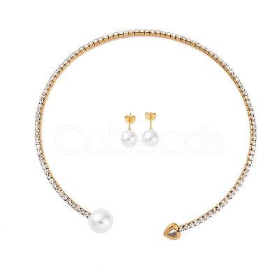 Round Plastic Imitation Pearl Stud Earrings & Heart Cubic Zirconia Rhinestone Cuff Choker Necklaces Sets SJEW-U003-08G-1