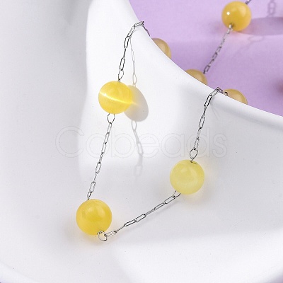 304 Stainless Steel Cat Eye Round Beads Handmade Chain Necklaces for Women NJEW-C073-01P-03-1