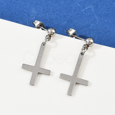 Christian Upside Down Cross 201 Stainless Steel Dangle Stud Earrings EJEW-P314-01A-P-1