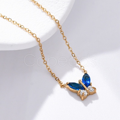304 Stainless Steel Cubic Zirconia Butterfly Pendant Necklaces LS-NJEW-Z057-05A-G-1